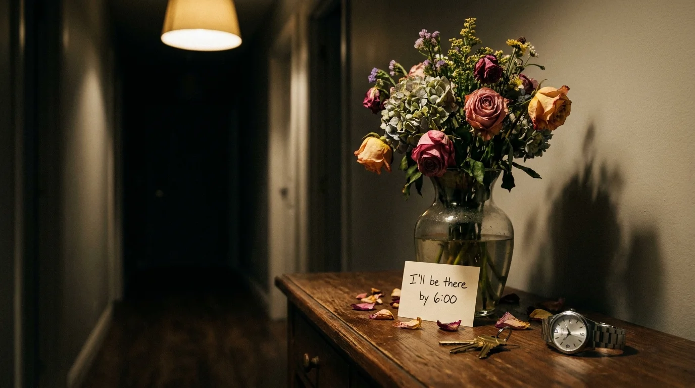A wilted bouquet and a note saying 'I'll be there by 6' next to a watch showing 9:30, illustrating broken promises.