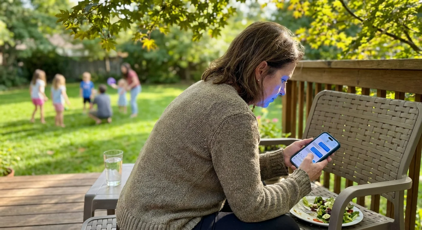 A woman at a family gathering is distracted by her phone, illustrating how toxic partners can isolate someone from their real-life support.