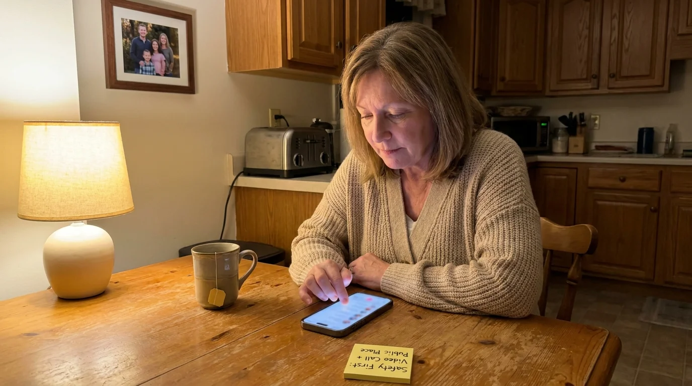 A woman at a kitchen table looking at her phone next to a sticky note that says 'Safety First: Video Call + Public Place'.