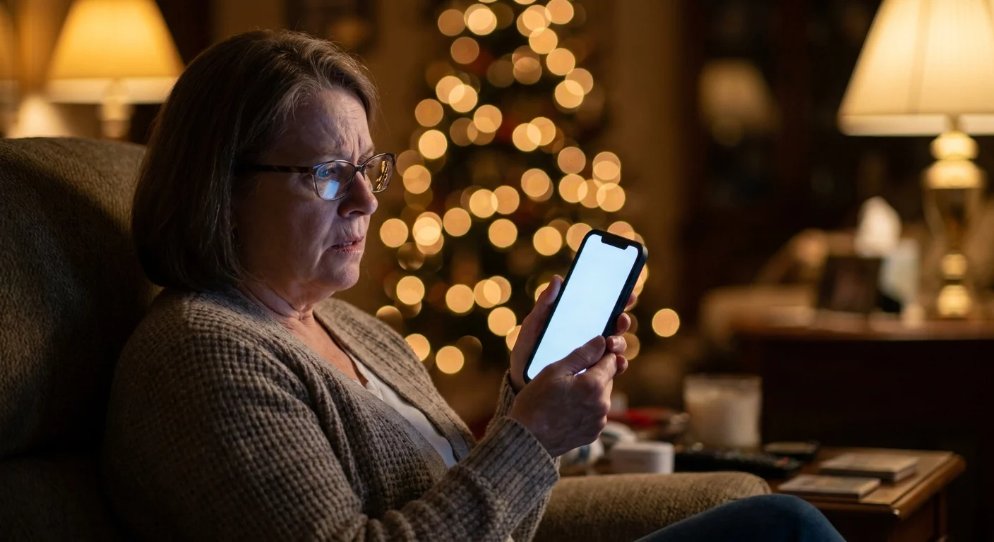 A woman in a dark room looks anxiously at her glowing smartphone screen, reflecting the stress of seeking reassurance.