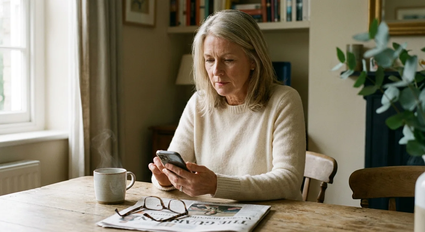 A woman in her 50s sits at a kitchen table looking thoughtfully at her phone, representing the caution of modern dating.