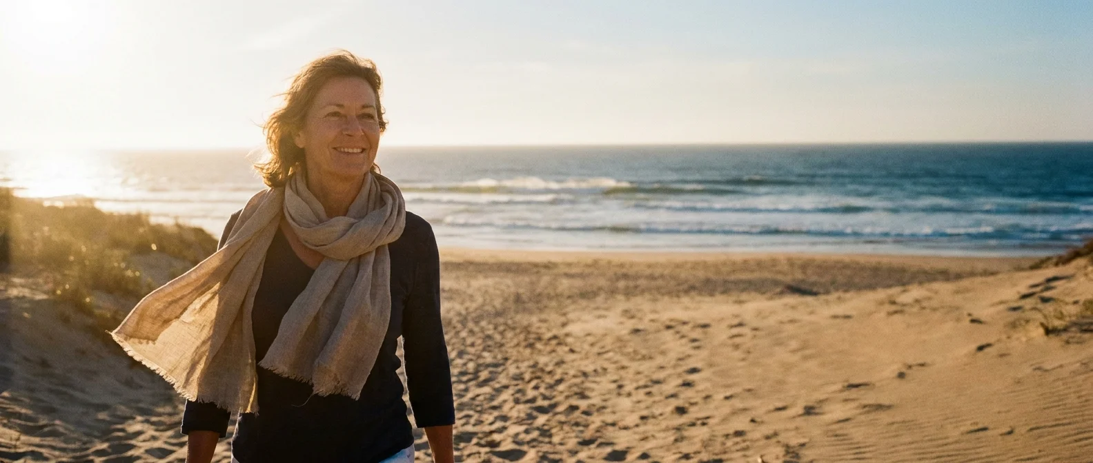 A woman in her 50s walks along a beach at sunset with a peaceful expression, symbolizing self-worth and a bright future.