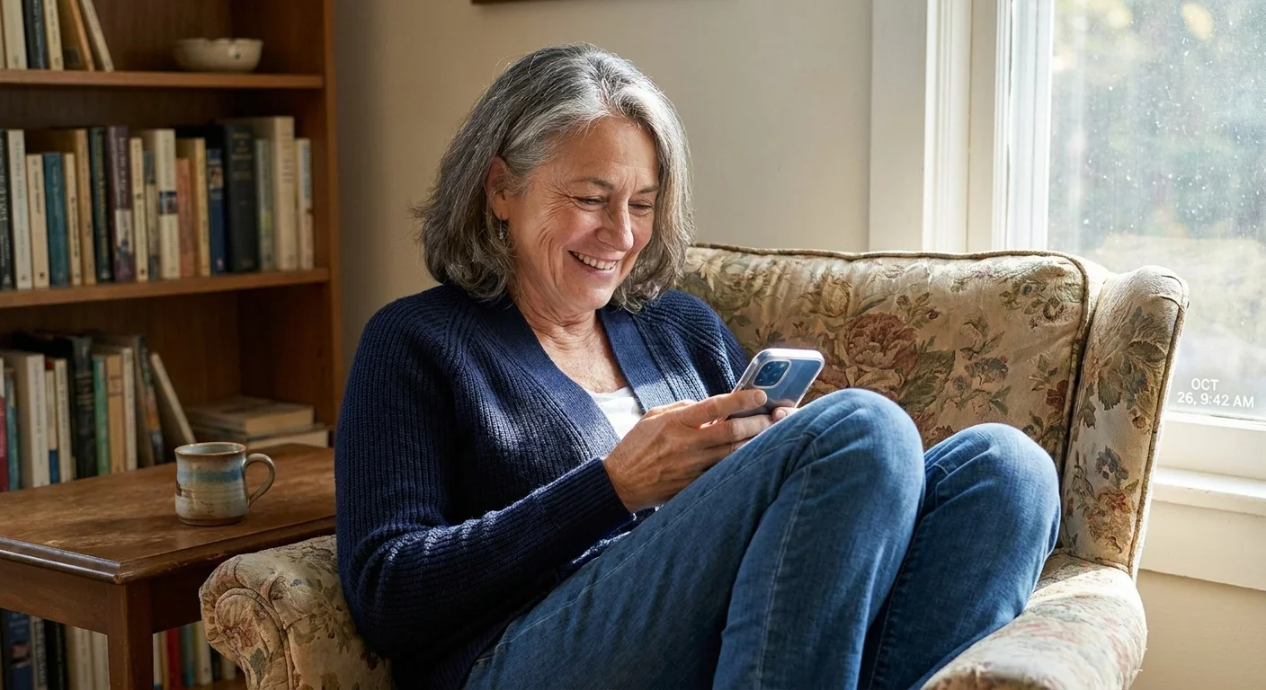 A woman in her 60s smiles while looking at a dating app on her phone in her sunlit living room.