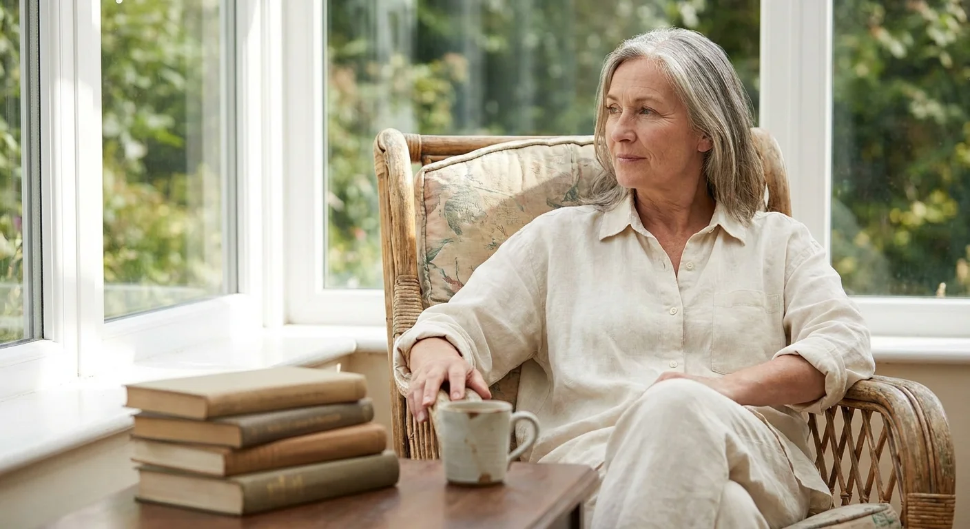 A woman in her late 50s sits peacefully in a sunlit room, embodying the confidence and self-worth discussed in the dating guide.
