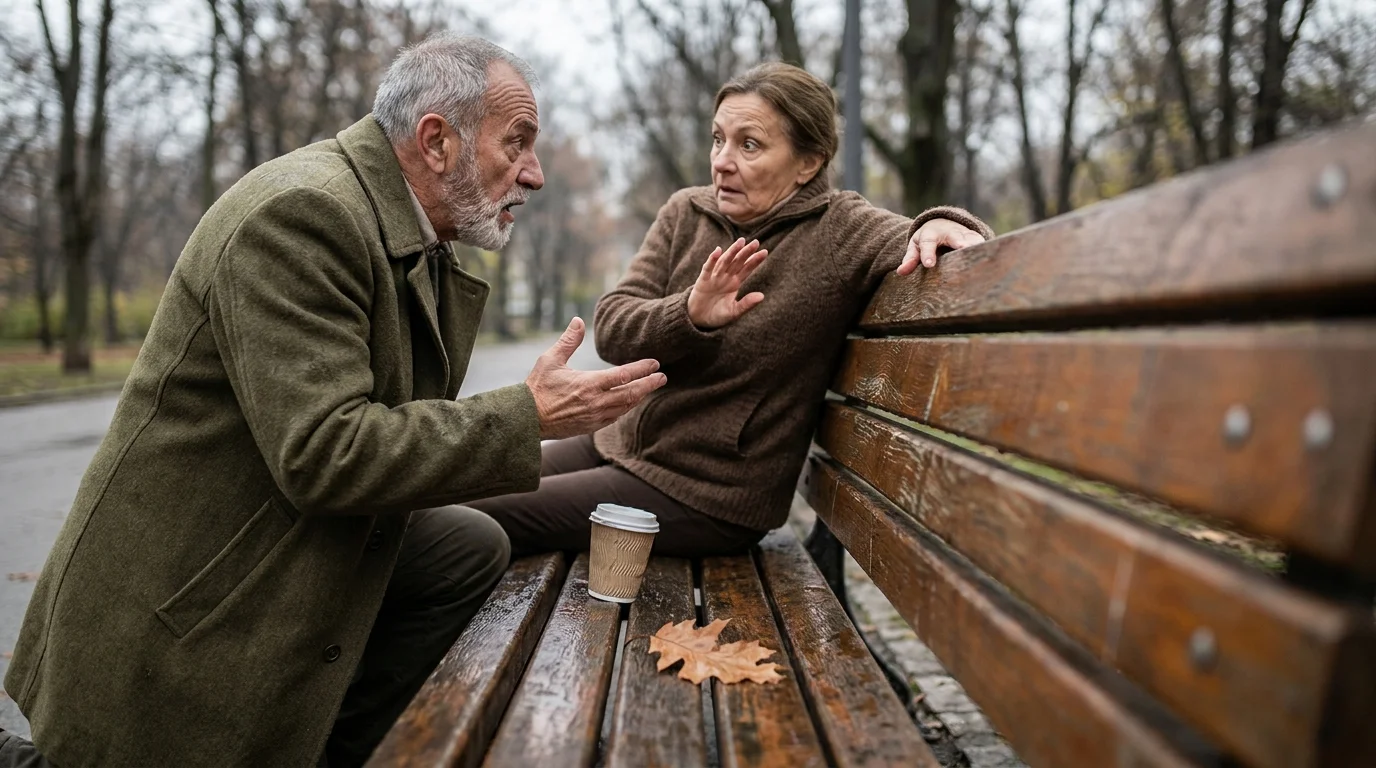 A woman on a park bench leaning away as a man leans in too close to speak to her.