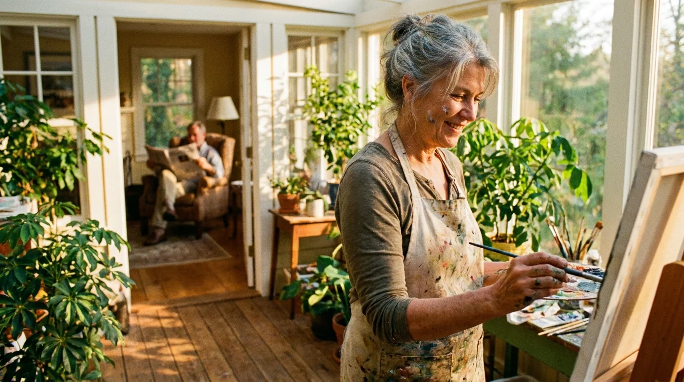 A woman paints in her sunroom while her partner reads in the background, illustrating healthy independence in a relationship.