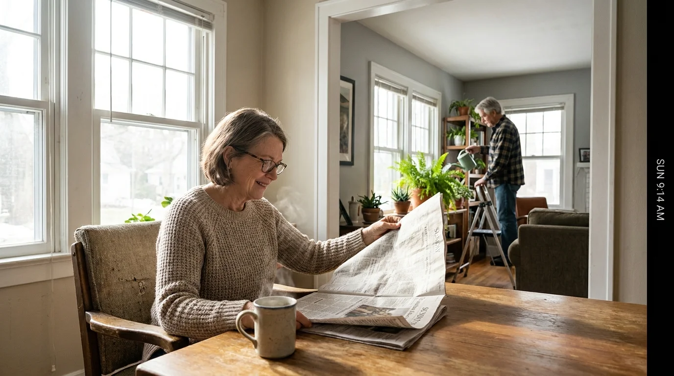 A woman reads the Sunday paper in the foreground while her partner works on plants in the background, showing independent lives.