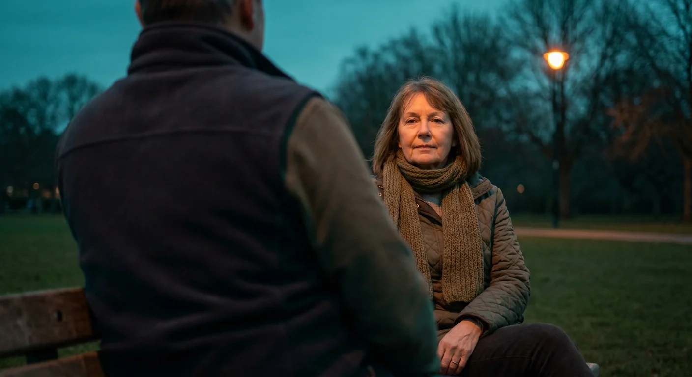 A woman sitting calmly on a park bench, looking directly at someone with a steady, resolute expression.