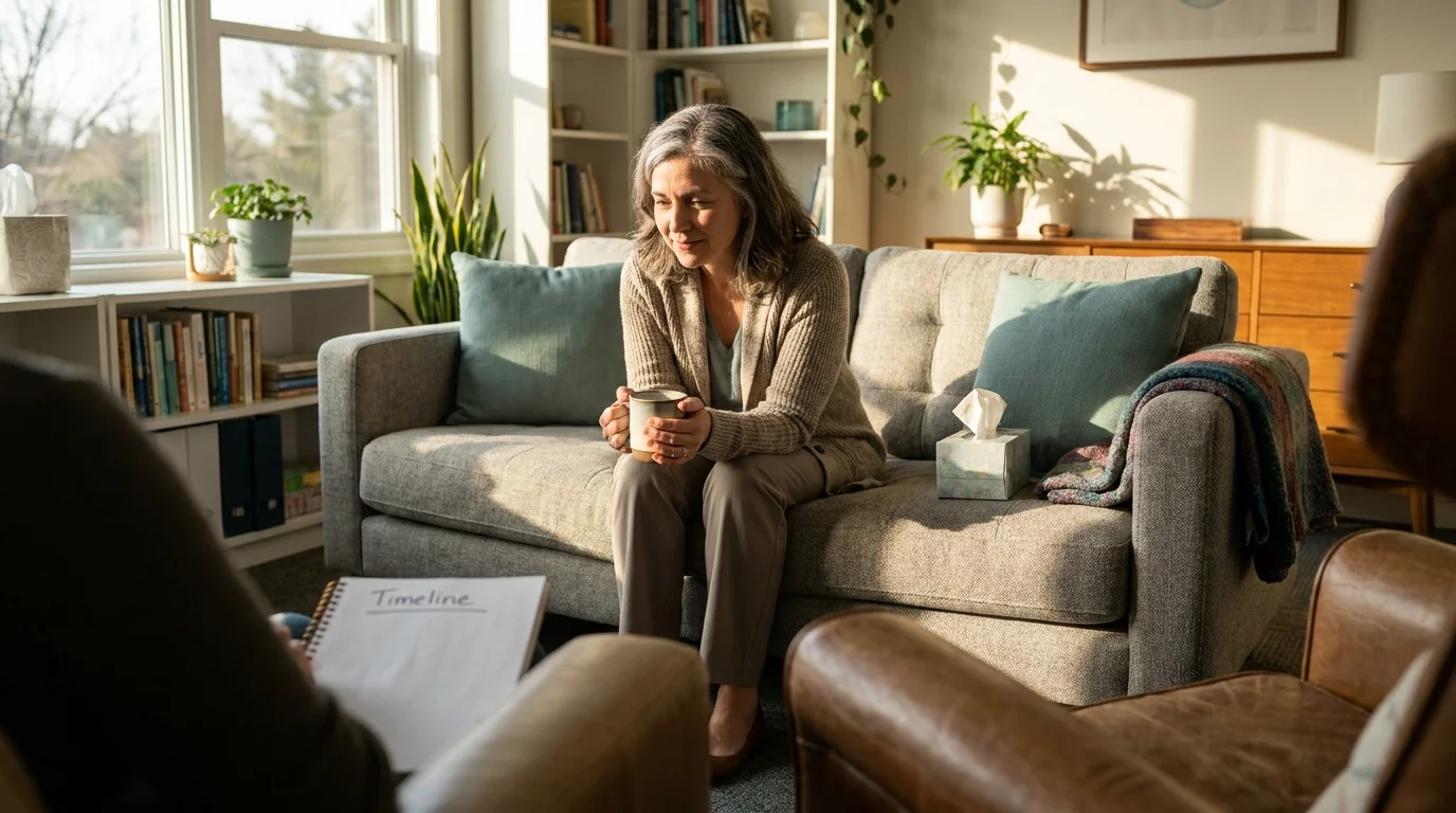 A woman sitting on a comfortable sofa in a warm, sunlit office, engaged in a supportive conversation with a professional.