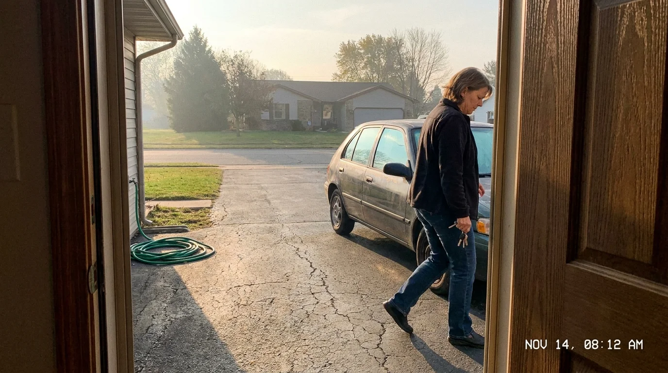 A woman walking away toward her car in a driveway while avoiding eye contact, representing a friend pulling away from a social circle.