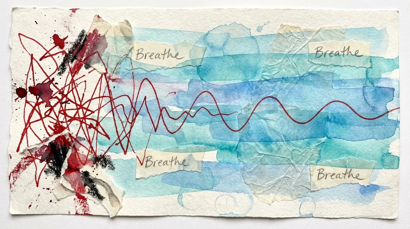 Abstract art showing a jagged red line being calmed by smooth blue watercolor layers, symbolizing emotional regulation.