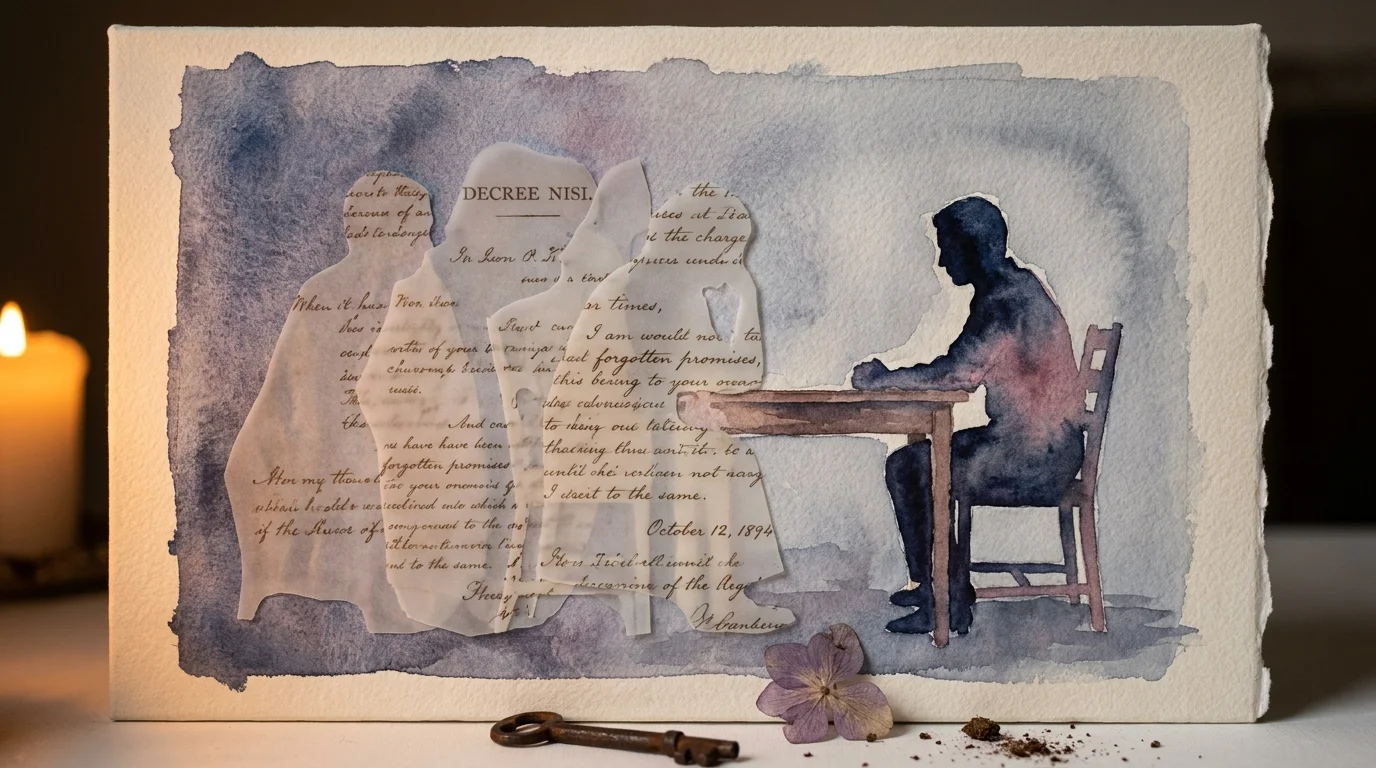 An artistic collage of a person sitting at a table with translucent, ghostly silhouettes of past partners behind them.