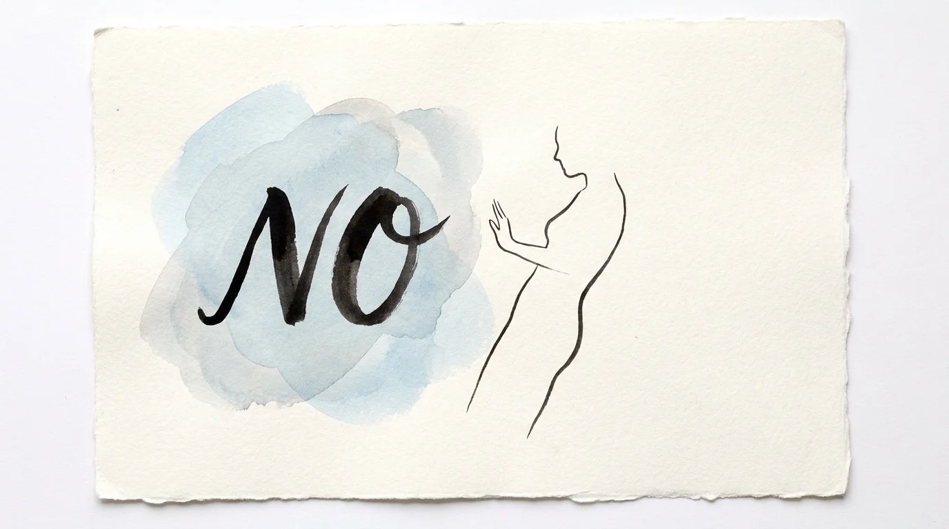 An artistic rendering of the word 'NO' in ink, surrounded by calm watercolor washes, symbolizing a healthy response to boundaries.