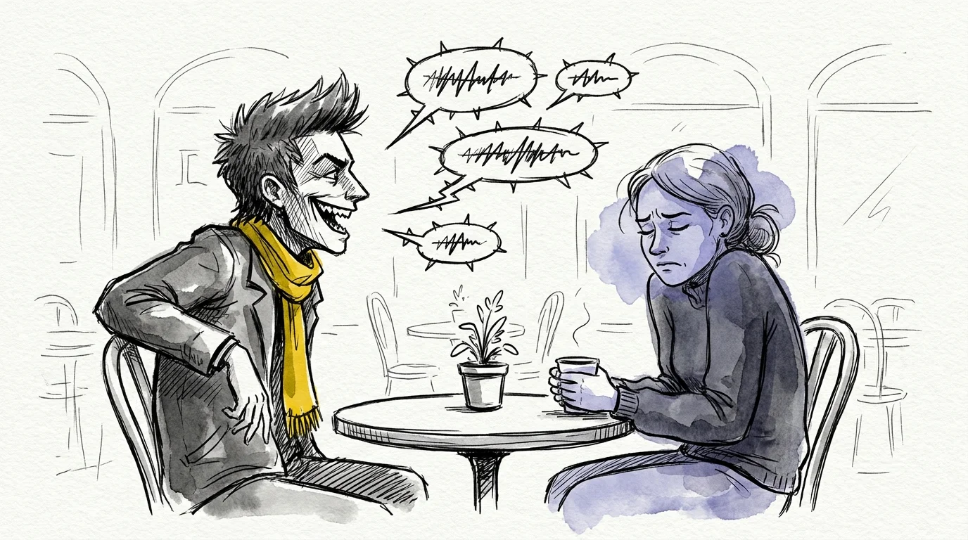 An editorial illustration of a man laughing aggressively at a cafe while a woman looks uncomfortable, symbolizing contempt disguised as humo