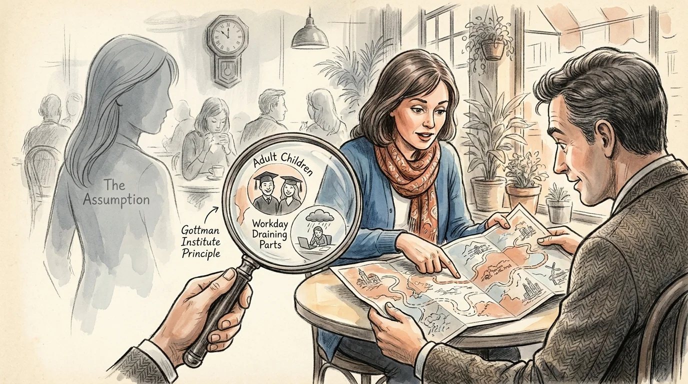 An editorial illustration showing a man looking through a magnifying glass at his partner's life map, replacing a ghostly shadow of the past