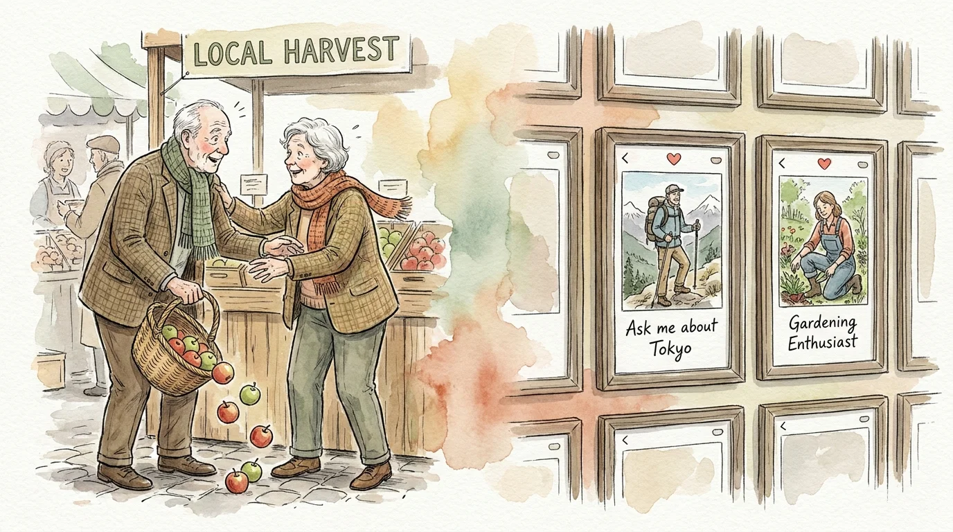 An illustration comparing a chance meeting at a market with a wall of curated digital dating profiles.
