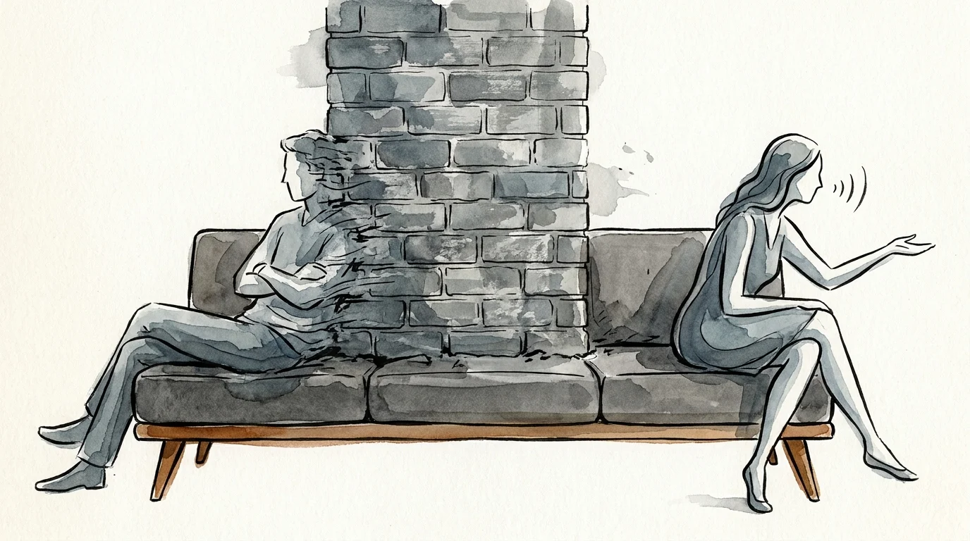 An illustration of a brick wall growing between two people on a sofa, representing the tactic of stonewalling.