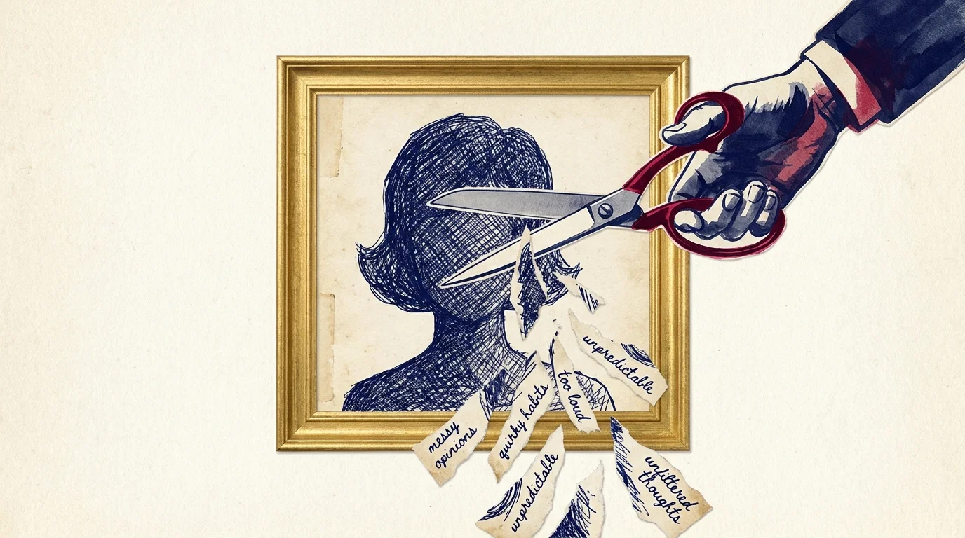 An illustration of a hand using scissors to trim a person's silhouette to fit inside a rigid frame, symbolizing personality editing.