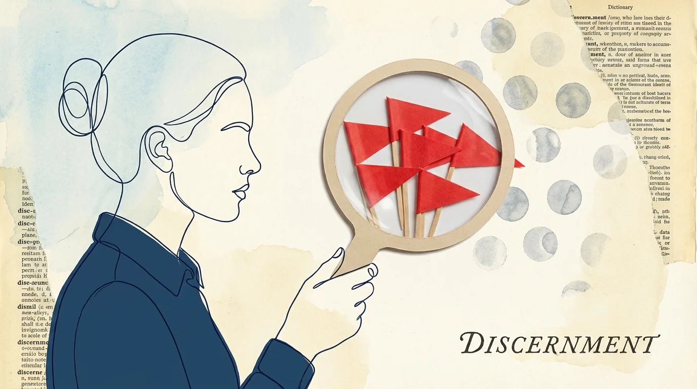 An illustration of a magnifying glass revealing red flags hidden within a pattern, symbolizing the importance of spotting dating warning sig