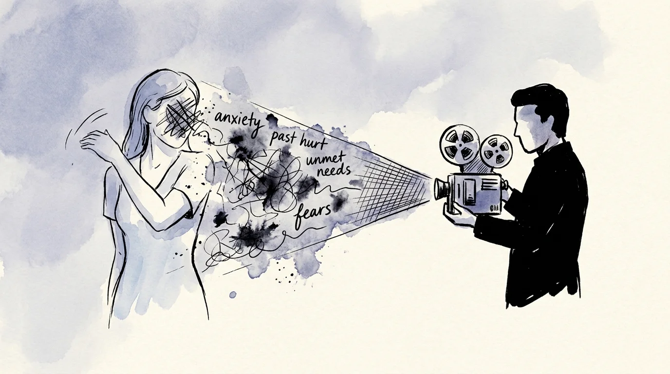 An illustration of a man using a projector to cast his own messy emotions and labels onto a woman.