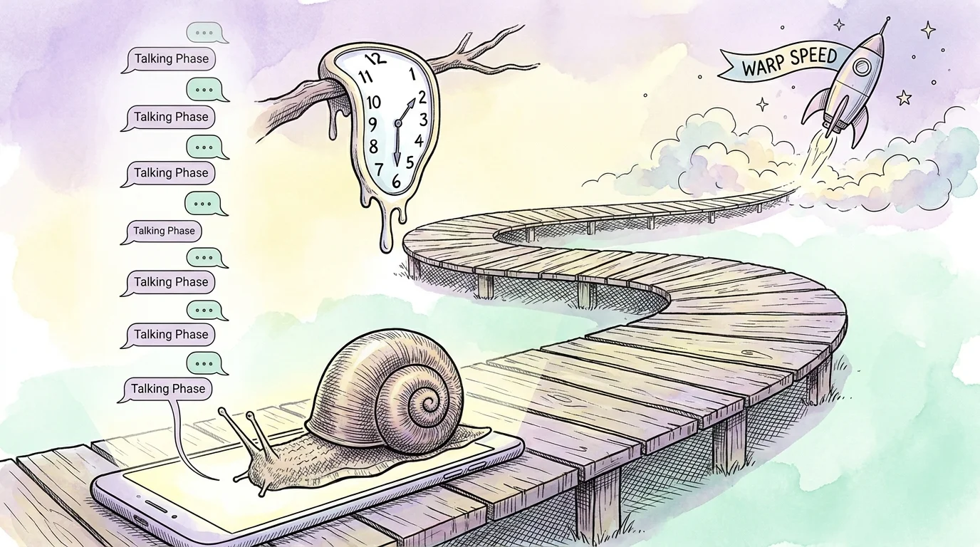 An illustration of a snail on a phone and a rocket ship, representing the inconsistent speeds of modern dating.