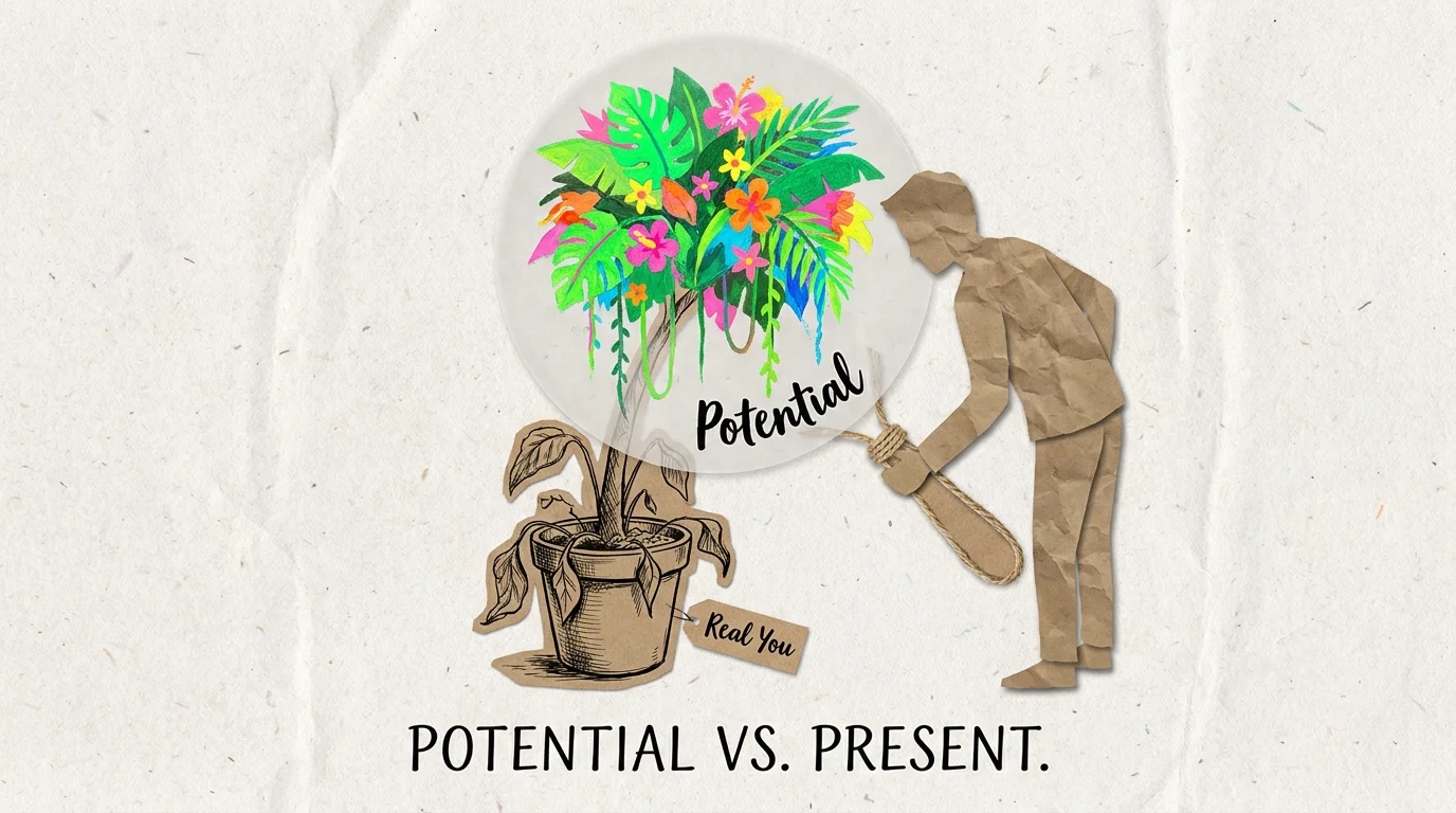 An illustration showing a small plant being viewed through a magnifying glass that makes it look like a giant tree, representing potential.