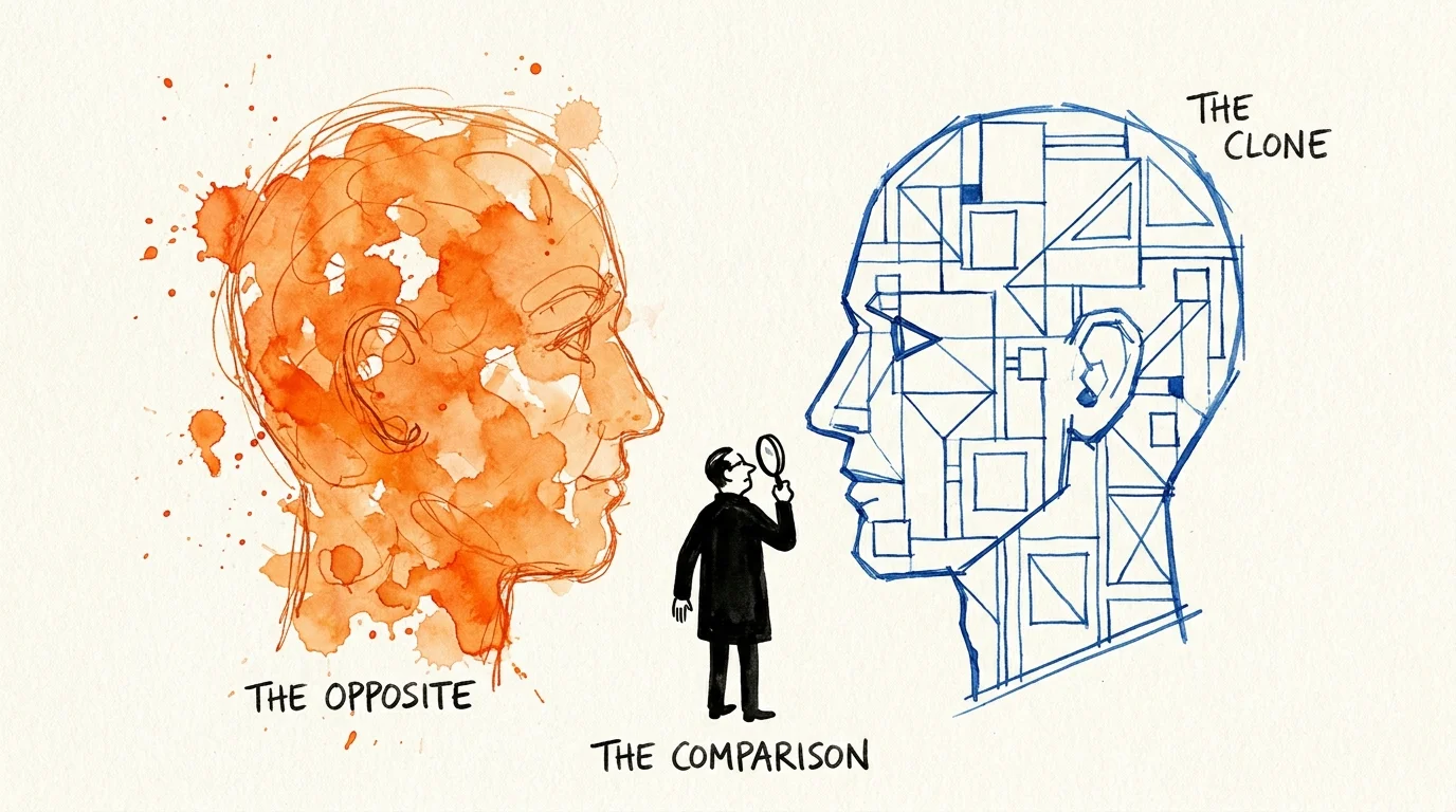 An illustration showing two contrasting profiles—one orange and chaotic, one blue and geometric—representing the search for a clone or oppos