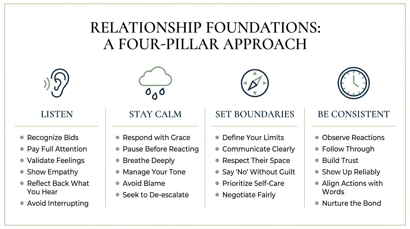 An infographic checklist with icons for listening, staying calm, and consistency, providing tips for navigating relationship tests.