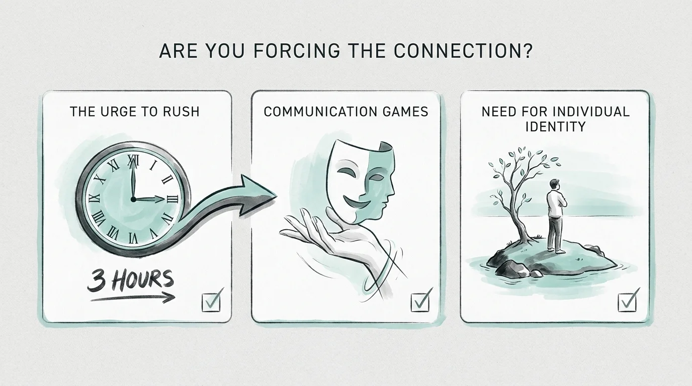 An infographic checklist with three icons representing relationship habits: rushing, games, and losing identity.