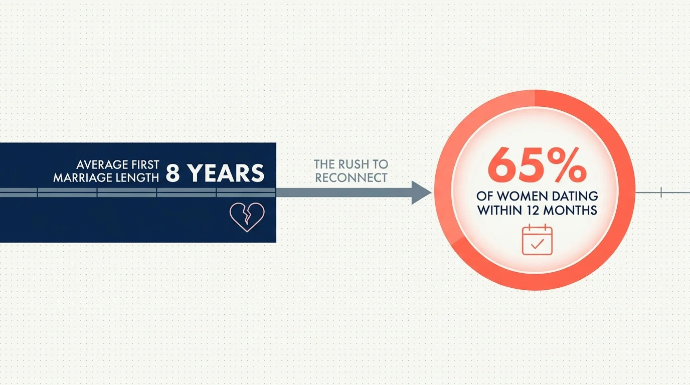 An infographic showing a timeline of 8 years for average marriage length compared to the 65 percent of women who date within the first year.