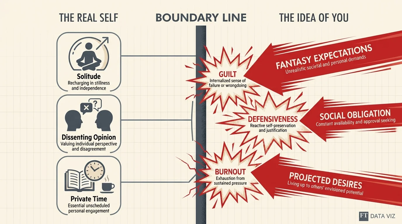 An infographic showing 'Fantasy Expectations' as red arrows crashing into a 'Boundary Line' protecting the 'Real Self.'