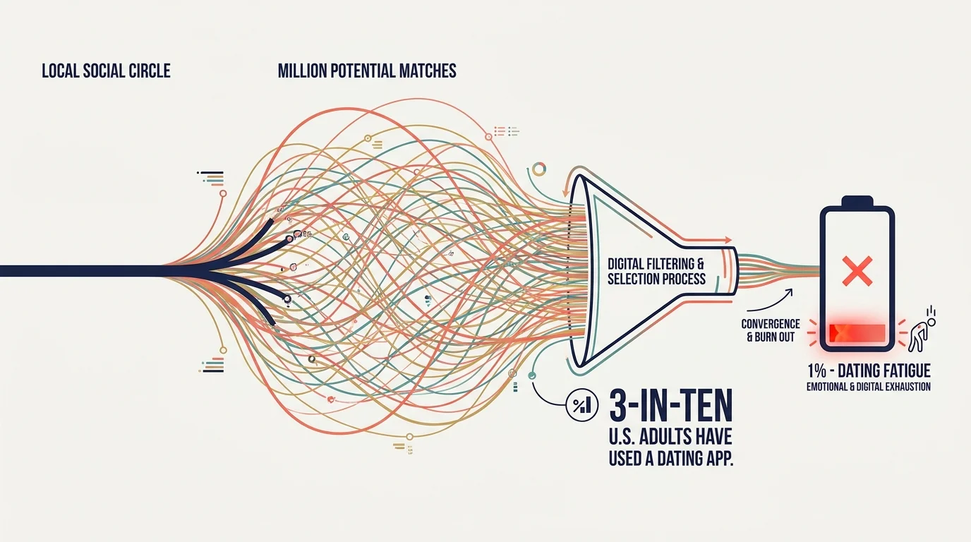 An infographic showing how a social circle expands into millions of app matches, leading to dating fatigue.