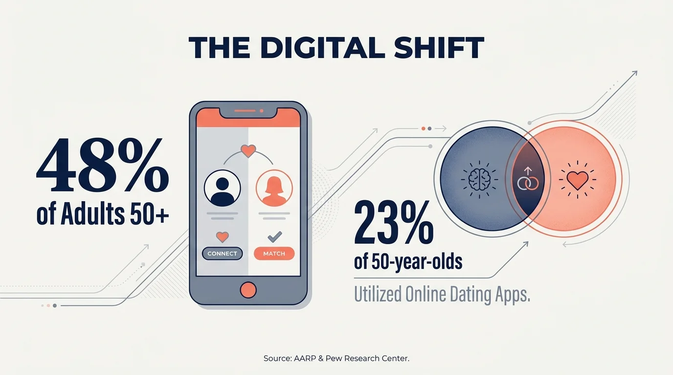 An infographic showing that 48% of adults over 50 have used dating sites, and 23% of 50-year-olds use dating apps.