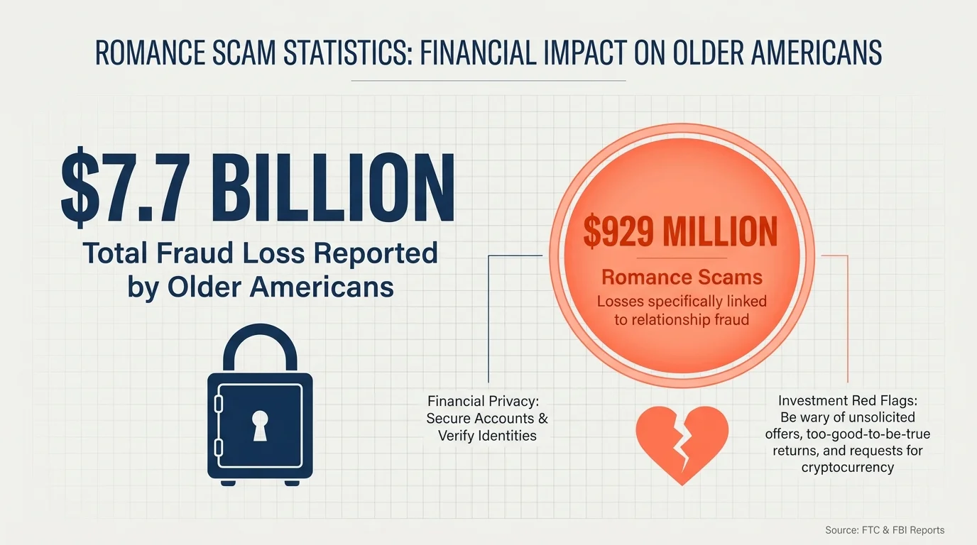 An infographic showing that romance scams account for $929 million of the $7.7 billion lost to fraud by older Americans.