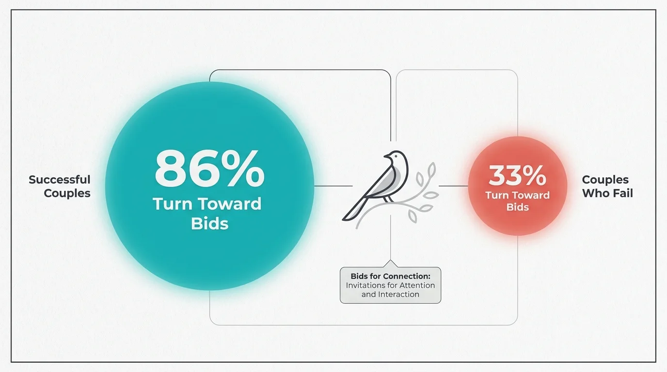 An infographic showing that successful couples turn toward bids for connection 86% of the time versus 33% for unsuccessful couples.
