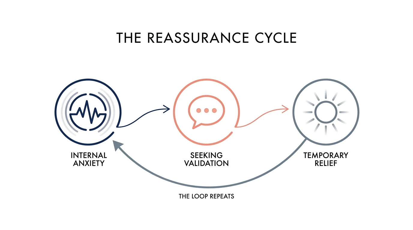 An infographic showing the self-defeating loop of seeking constant reassurance, leading from anxiety back to anxiety.