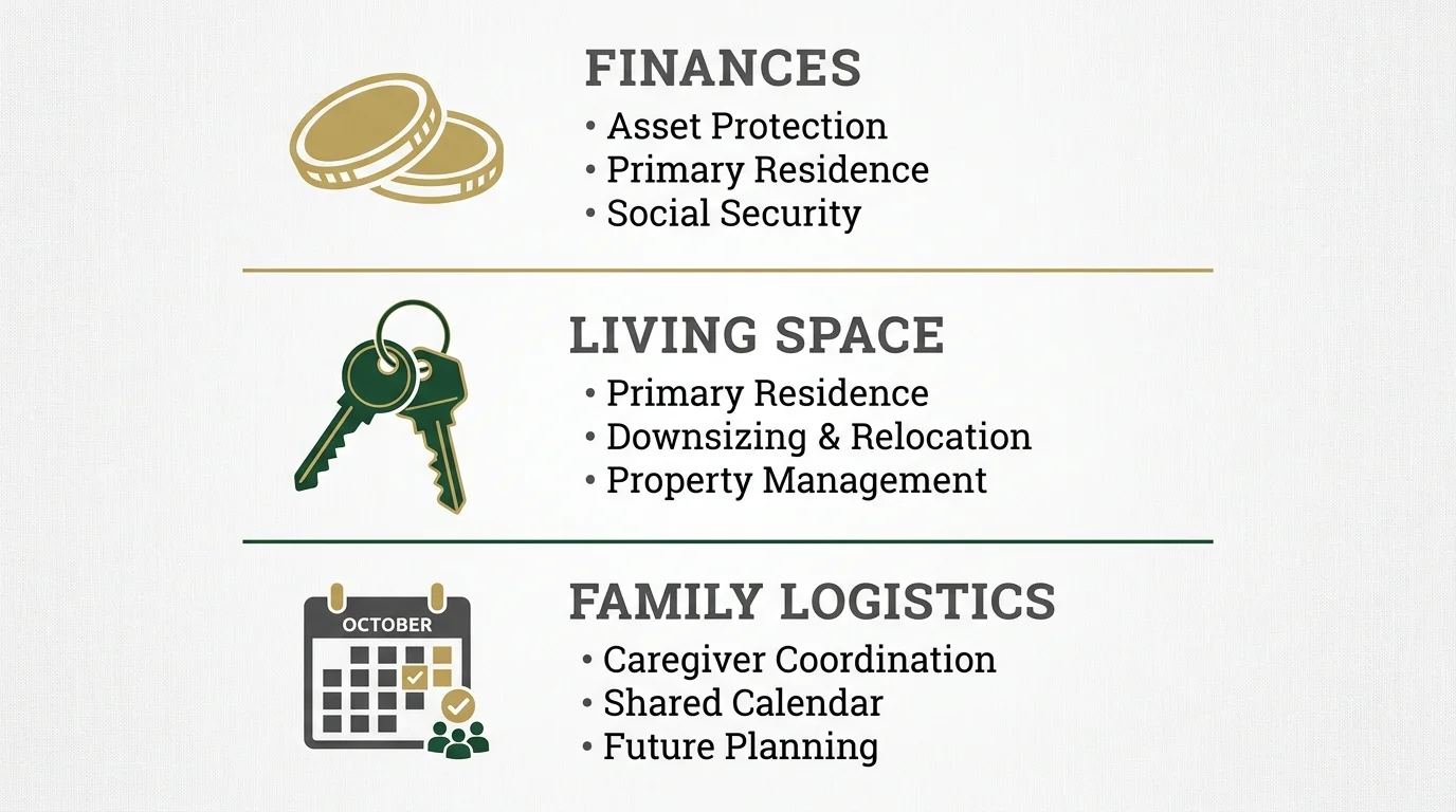 An infographic with three columns for Finances, Living Space, and Family Logistics, outlining the practicalities of merging lives later in l