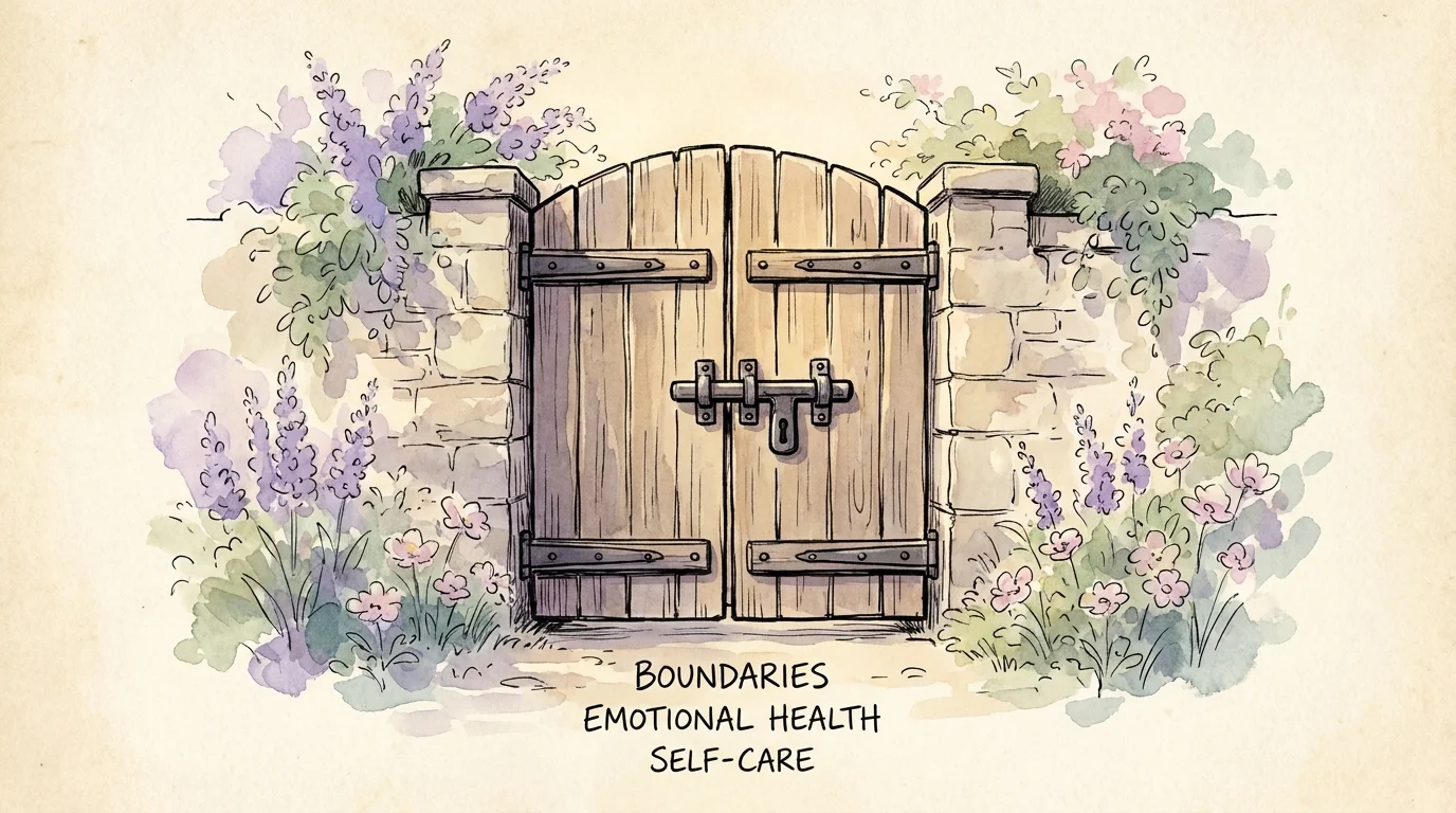 An ink drawing of a secure garden gate with a strong lock, surrounded by soft watercolor flowers.