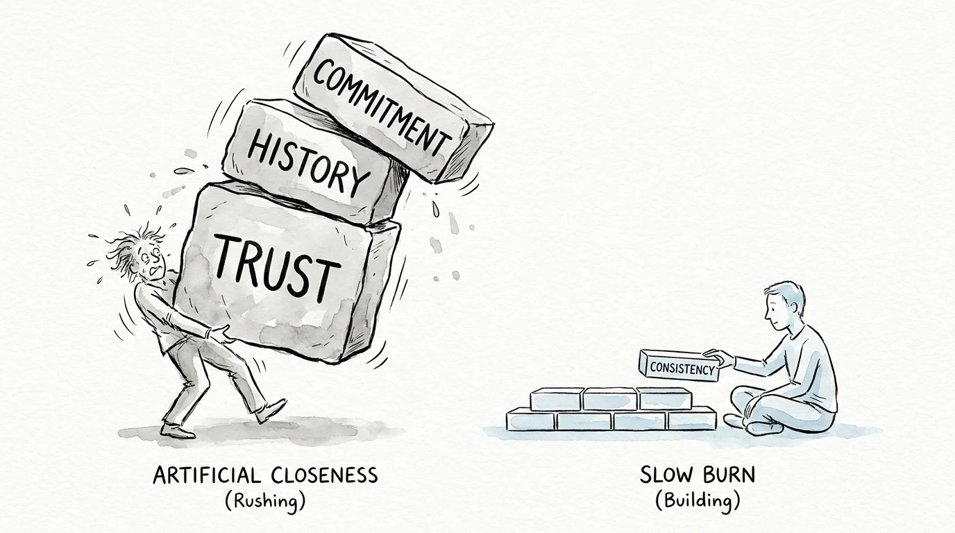 An ink illustration comparing a wobbly tower of rushed commitment to a solid, slowly built foundation of trust.