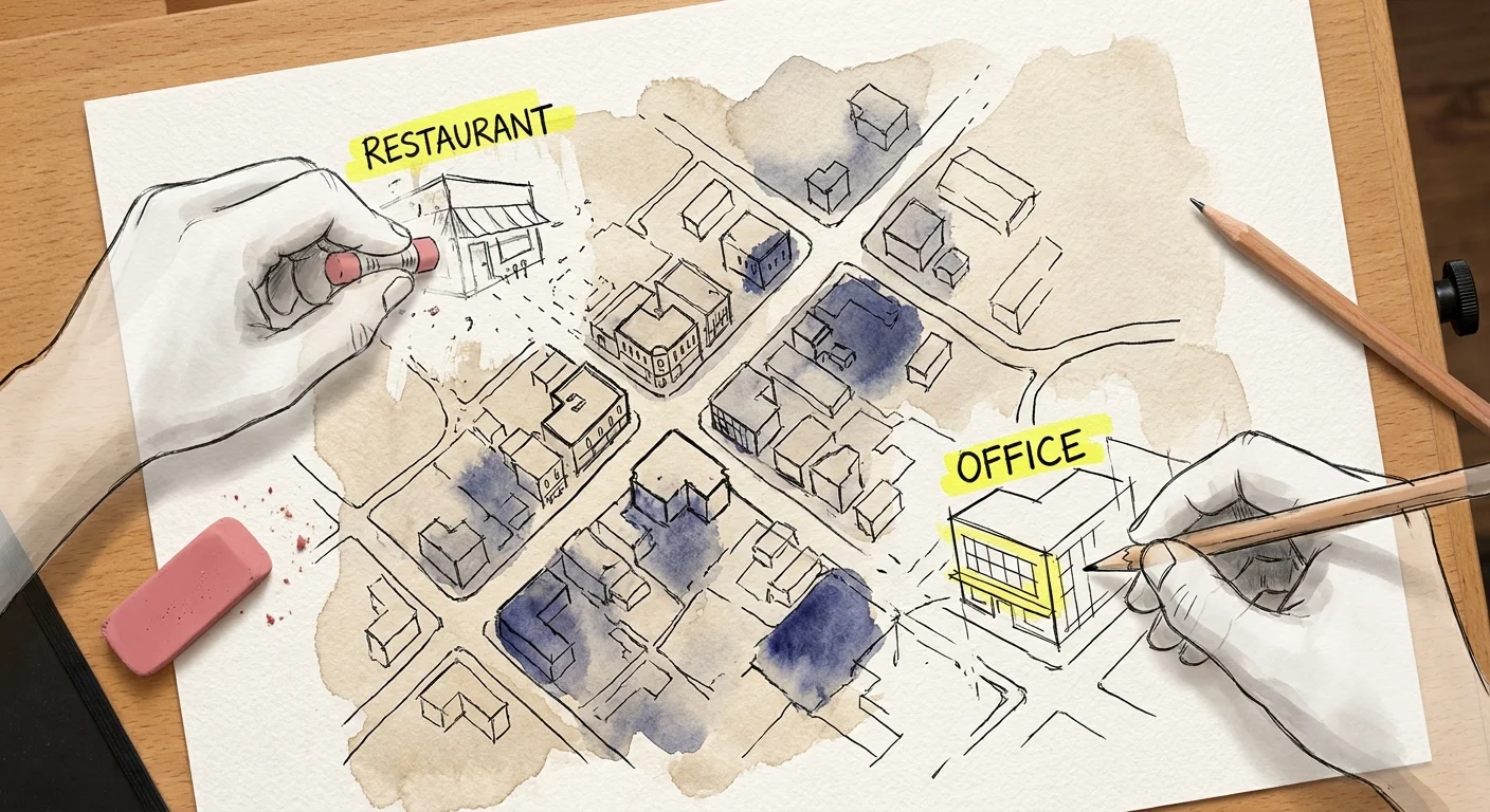 An ink illustration of a map where locations and labels are being erased and moved to different spots.