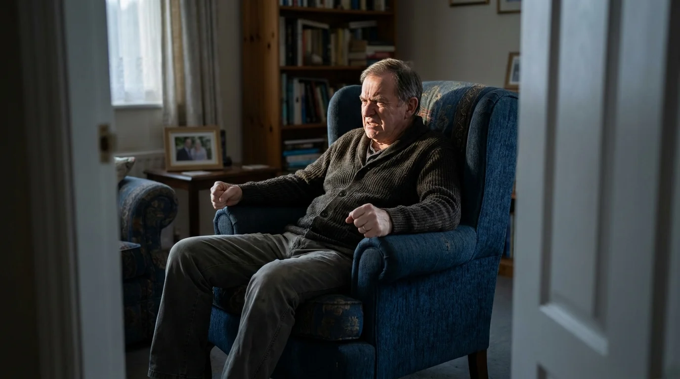An older man sitting in a chair looking defensive and angry during a conversation, representing a red flag in a relationship.