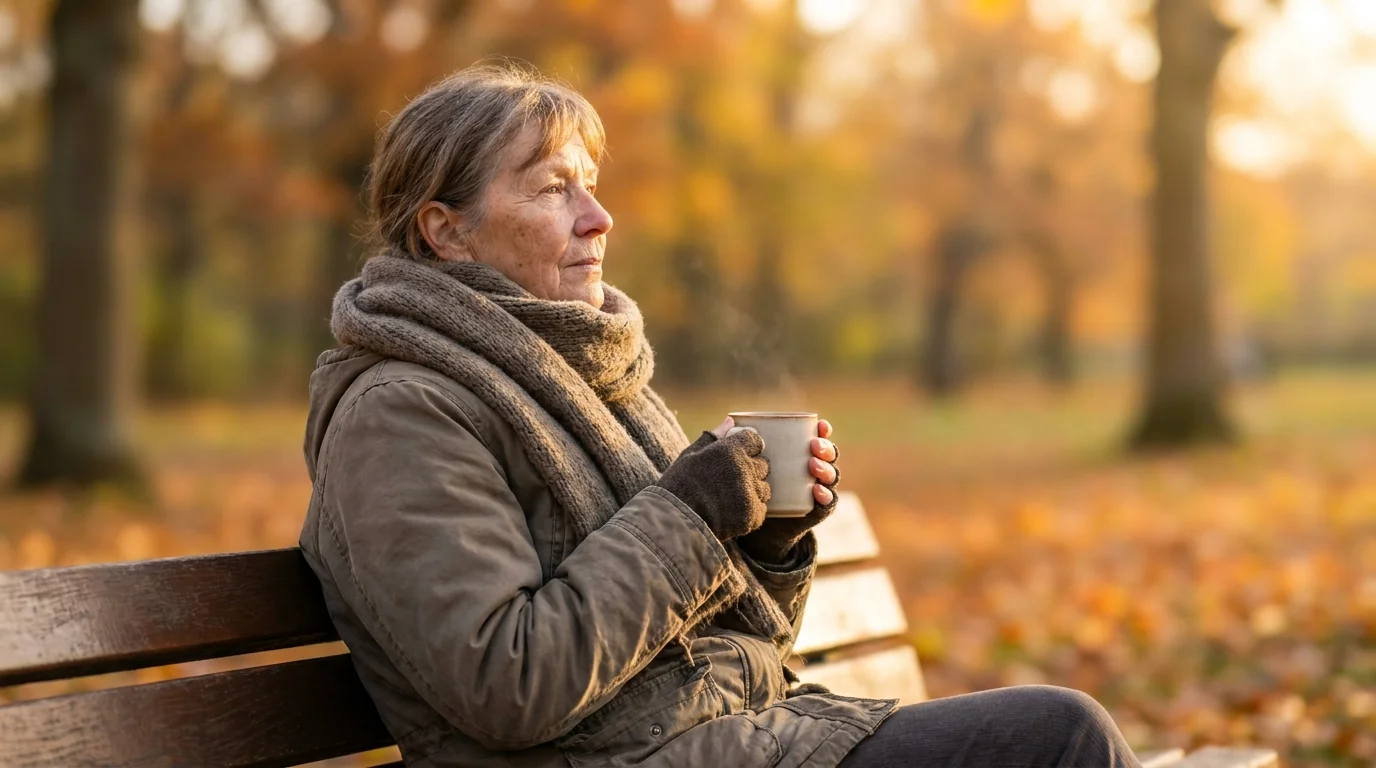 An older woman sitting peacefully on a park bench in the autumn sun, representing healing and reflection.