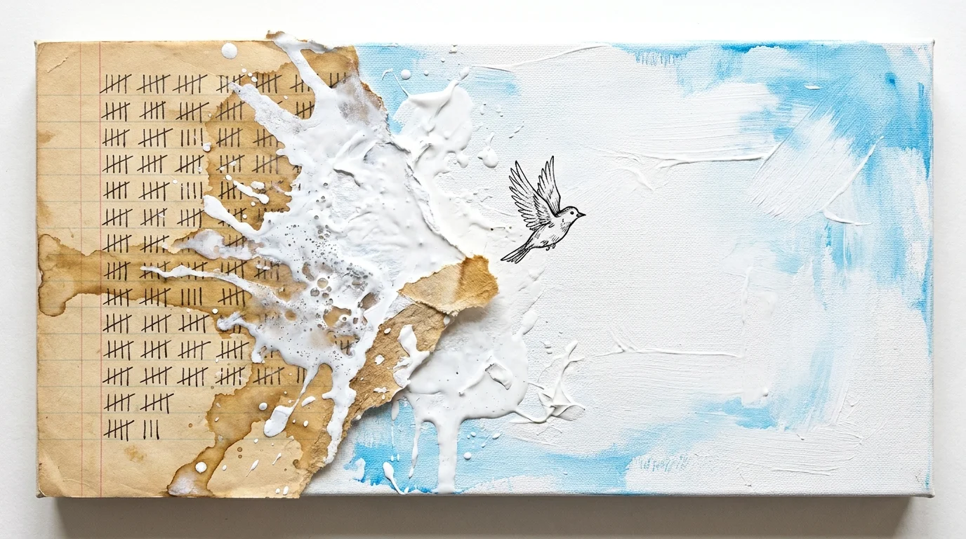 Conceptual art showing a tally-marked ledger being washed away by white paint, symbolizing letting go of past scores.