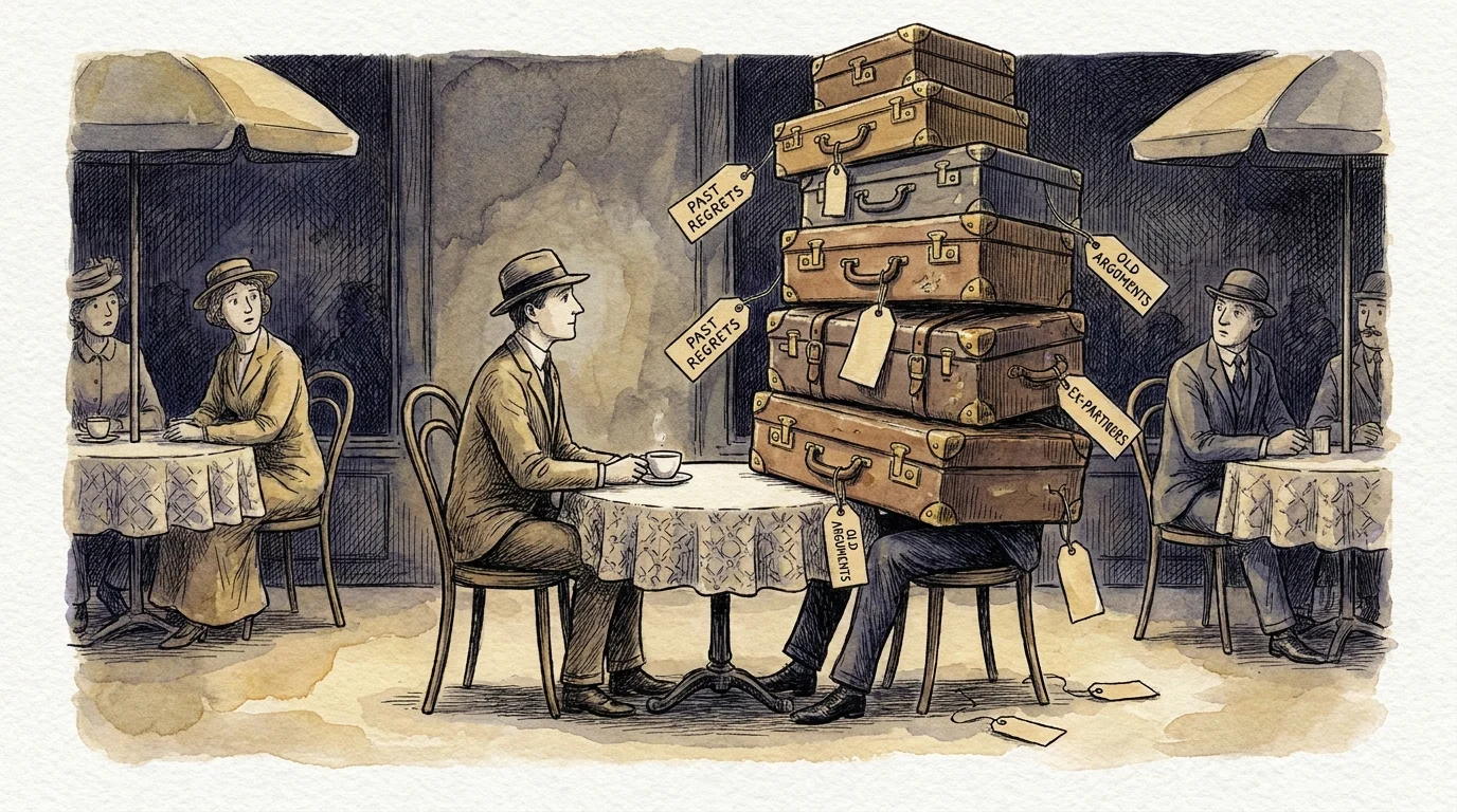 Illustration of a person at a cafe date hidden behind a massive stack of suitcases labeled 'Past Regrets' and 'Ex-Partners'.