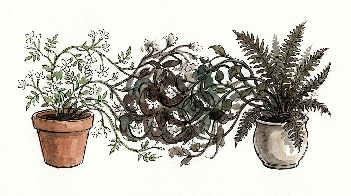 Illustration of two different plants growing into a tangled, messy knot, symbolizing the loss of individual identity.