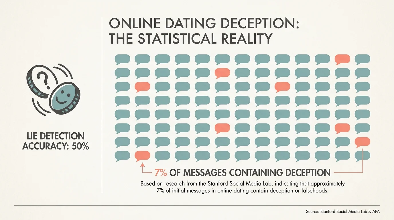 Infographic showing that lie detection is 50 percent accurate and 7 percent of dating messages contain deception.