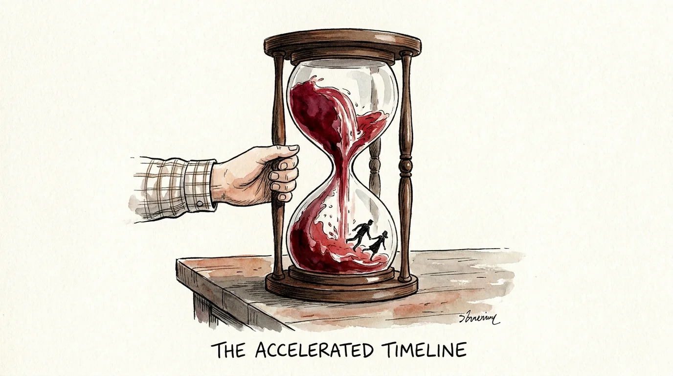 Ink and watercolor illustration of an hourglass filling too quickly with red liquid, symbolizing a rushed relationship pace.