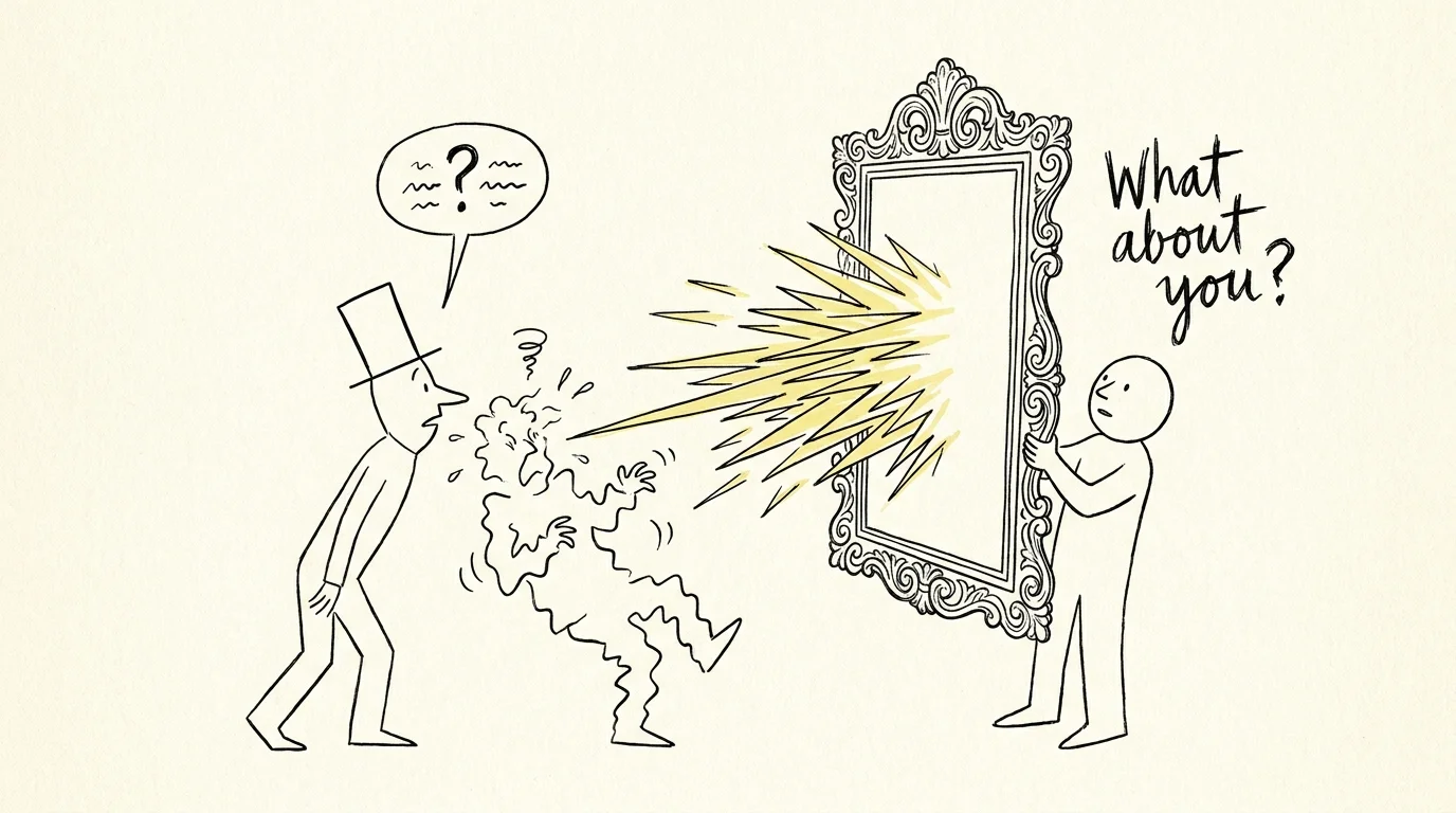 Ink drawing of a person using a mirror to deflect a spotlight back onto the person asking them a question.