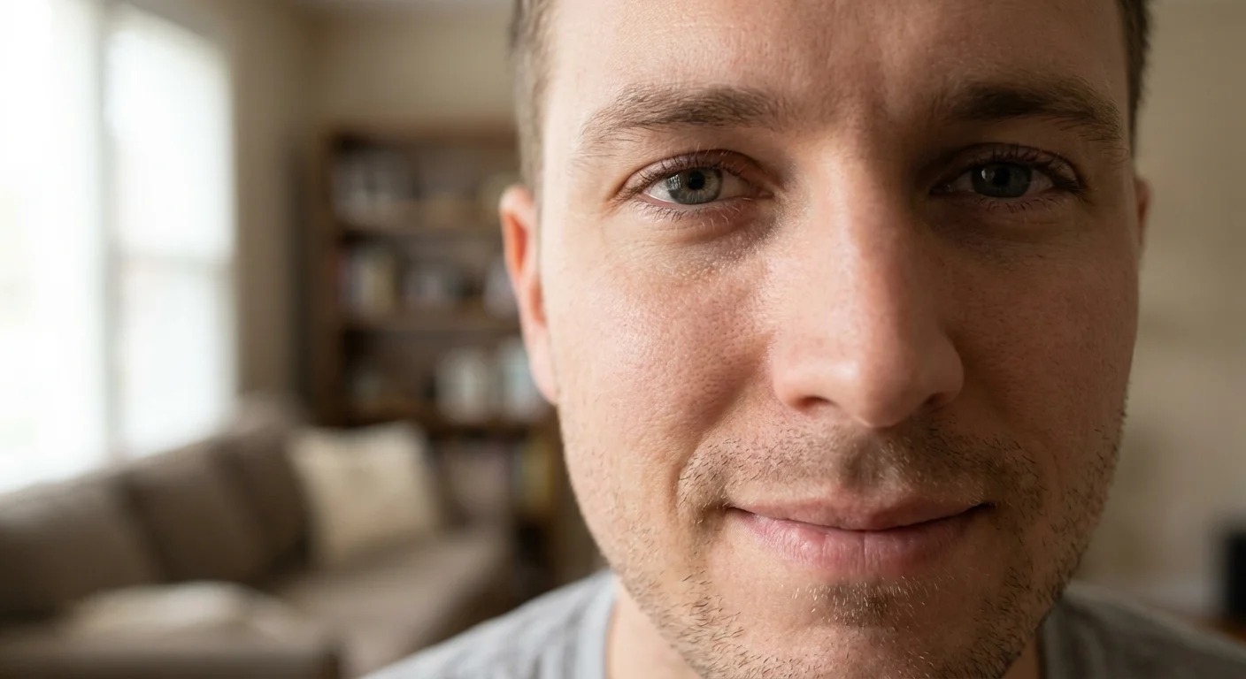 Macro photo of a person's eyes and top of a smile, showing a lack of genuine emotional expression.