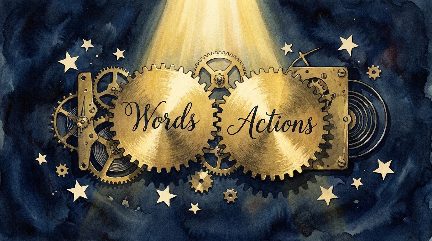 Mixed media art of two interlocking gears labeled 'Words' and 'Actions,' symbolizing consistency.